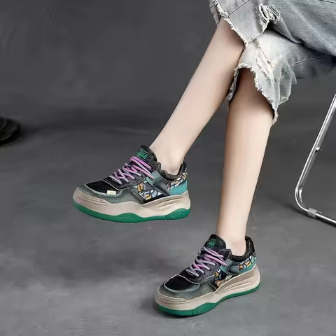 2025 Genuine Leather Round Head Layer Cowhide Deep Mouth Thick Sole Contrast Color Sports Women's Sh