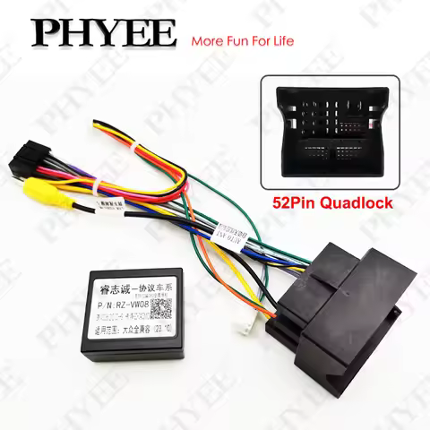 MQB Quadlock 52 Pin CAN Bus Decoder Wiring Harness, SWC Support, Plug & Play 16Pin Android Radio Ada