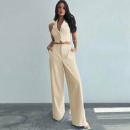 Women's Elegant Summmer 2 Pieces Set,Halter Backless Commuter Beige Outfit For Brunch,Party,Beach Va