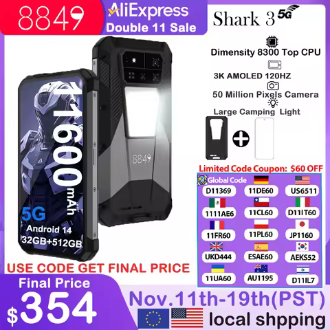 8849 SHARK 3 by Unihertz Rugged Smartphone Android 14 32GB 512GB Dimensity 8300 3K AMOLED Screen 116