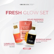 Fresh Glow Set ORCHELLIA – Package KOJIC Bar Soap 45gr, Lumiluxe Body Lotion & Retinova Night Body L