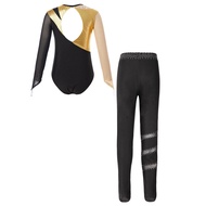 Girls' Long Sleeve Gymnastics Leotard Glitter Bodysuit with Trousers Ice Skating Competition Dance Costume