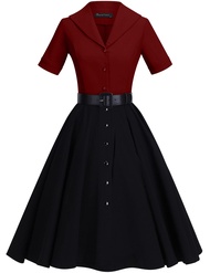 1950 Women Dress Midi Shirt Dress Cocktail Dress with Belt