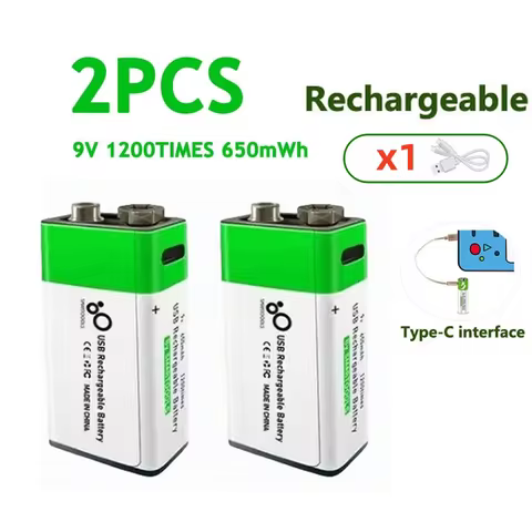 9V Lithium Ion Rechargeable Battery Type-C USB Battery 9V Multimeter Lithium Microphone Metal Detect