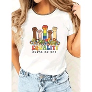 Women's Casual Short Sleeve T-Shirt-Vibrant Red Cartoon Equality Hands&Floral Graphic with "Equality