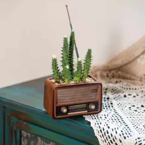 Vintage Radio Design Planter Resin Artistic Decor Pot Unique Multi-Purpose Garden Container Home Dec