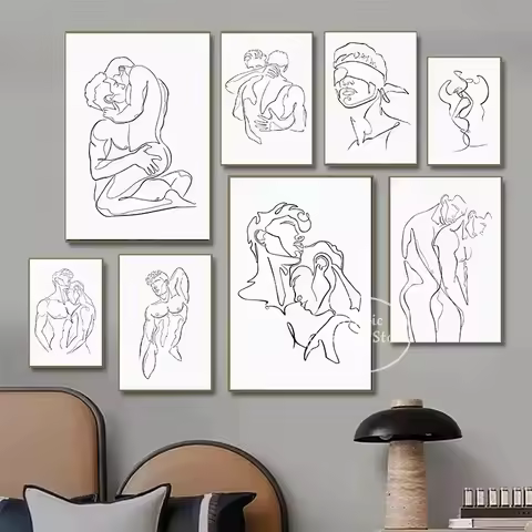 Man Kiss Hug Love Gay Prints Canvas Painting Wall Pictures Abstract Line Minimalist Art Nordic Livin