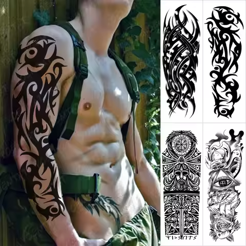 Large Arm Sleeve Tattoo Black Maori Totem Waterproof Temporary Tatto Sticker Tribal Flame Body Art F