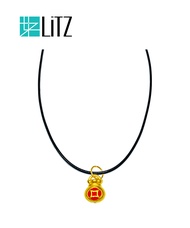 [SPECIAL] LITZ 999 (24K) Gold Money Bag Pendant with Stainless Steel Leather Choker Necklace EP0283-