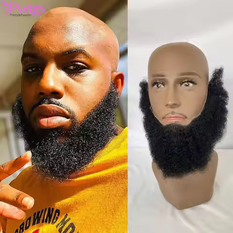 Pwigs Human Hair Afro Curl Face Beard Mustache For American Black Men Realistic Makeup Lace Base Rep
