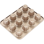 Canele Mold Cake Pan 12-Cavity Non-Stick Cannele Muffin Bakeware Cupcake Pan for Oven Baking(Champag