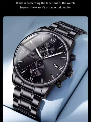 OLEVS Men's Quartz Watch Luxury Black Stainless steel Date Luminous Waterproof Business Watch Quartz