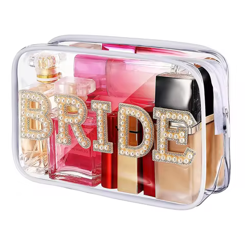 2024 Bride Pearl Rhinestone Letter Bag Clear Makeup Bag Bride Gift Wifey Makeup Pouch Pvc Wedding De