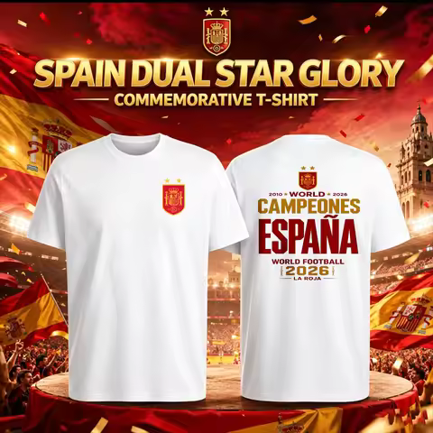 Camiseta España Men's Cotton T-shirt Spain Dual Star Glory National Football Champions Fan Commemora