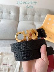 FERRAGAMO 菲拉格慕 Gancini Embossed 皮帶 黑色 金色