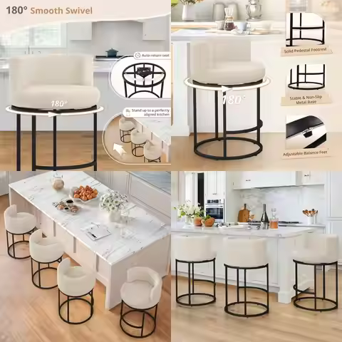 Set of 3 26.8 Swivel Counter Height Bar Stools with Backrest and Fabric Seat, Linen Color