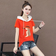 Fashion 100% Cotton Hooded Short-Sleeved New Women's Sweatshirt 2022 Korean Version Fashion Top Casual Hooded Lace-Up T-Shirt