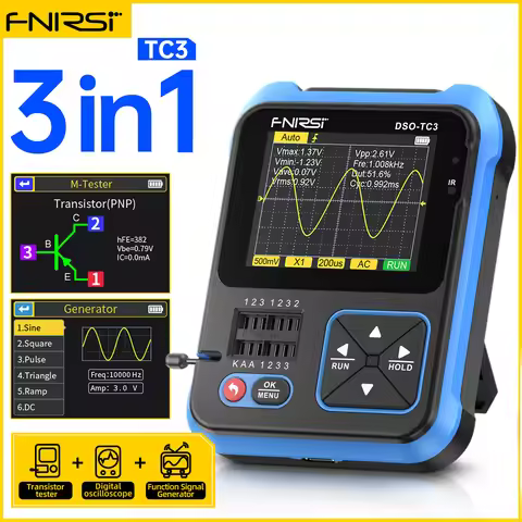 FNIRSI DSO-TC3 Digital Oscilloscope Transistor Tester Signal Generator 3 in1 500Khz 10MSa/s Capacito