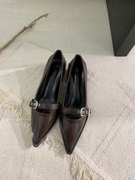 Black Pointed Toe High Heels Korean Style Chunky Heel Retro Loafers Womens Fashion Single Shoes PU M