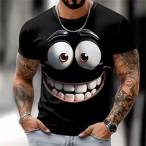 Summer New 3D Printed Funny Face T-shirt Fashionable Men's Holiday Short-sleeved Casual O-neck Loose
