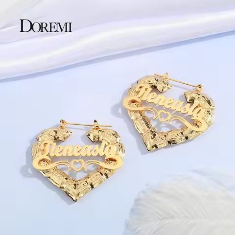 DOREMI 30-90mm Stainless Steel Bamboo Custom Heart Shape Earrings Customize Name Earrings Bamboo Sty
