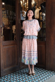 Vintage dress真絲針織邊橘粉色暗紋連衣裙古著