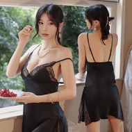 [Mini Queen] Aurora Nightdress Silky Satin Sexy Slit (Black)