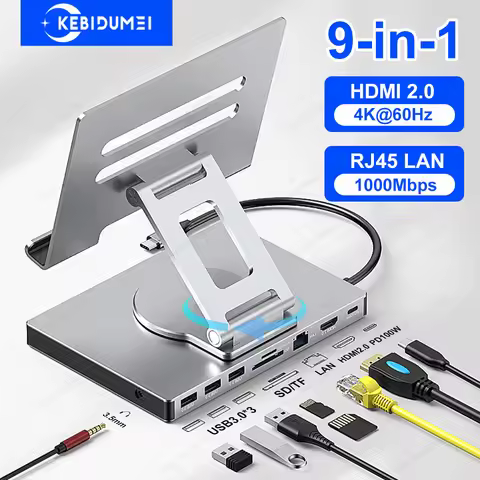 9-in-1 Tablet Docking Station USB C HUB Type C to HDMI2.0 4K 60Hz USB 3.0 5Gbps Fast 1000Mbps RJ45 A