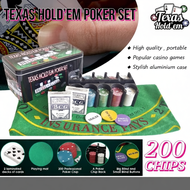 TEXAS HOLD'EM POKER SET Blackjack Mat 200 Poker Chips Set Casino Poker Card Games