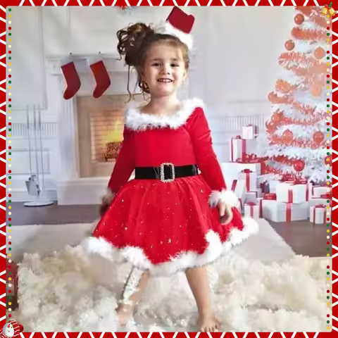 Girls' Christmas Dress, Casual Long Sleeves, Christmas Velvet & Tulle Patchwork, A-Line Skirt, Princ