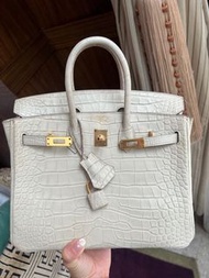Hermes birkin 25 霧面鱷魚玫瑰金扣冰川白