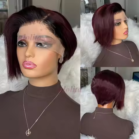 Short Straight Wig Burgundy 99J T1B/99J Color Black Friday Halloween 13x4 Frontal Lace Pixie Cut Hum