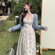 One set long dress suspender manis + cardigan lengan panjang Dress bunga motif retro ukuran besar ko