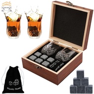 Whiskey Stones Gift Set Whiskey Glass Set of 2 with 6 Granite Chilling Whiskey Rocks in Wooden Box S