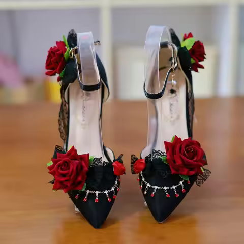 Elegant woman heeled shoes gothic style rose lace heel shoes bridal Wedding heel lolita heels y2k ac