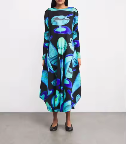 Miyake Pleated All-over Printed Thermal Foods Maxi Long Sleeves Dress