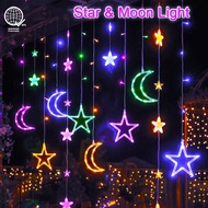 Ready Stock Lampu Raya LED Star Moon Curtain String Lights 8 Modes LED Light for Indoor Outdoor Home