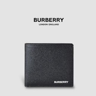 👜Burberry Check and Leather Bifold Wallet 燙印品牌字母徽標粒面雙摺皮夾｜黑色｜荔枝皮紋｜對折｜8卡｜短夾｜錢夾｜錢包｜環保皮革｜官網同步在售款｜男女通用款錢包