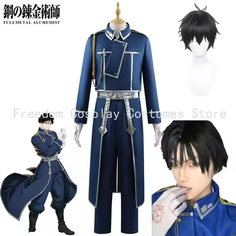 Roy Mustang Cosplay Anime Fullmetal Alchemist Costume Uniform Wig Blue Military Coat Game Exhibition