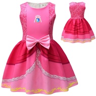 Children Girls Anime Cartoon Super Mario Princess Peach Printed Sleeveless O Neck Bow Pink Party Dress