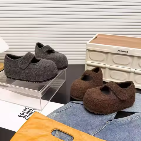 Women's Thi Bot Plu Slippers Korean Sle round Toe Mary Jane oes Magic Tape Easy Match Heightening Fa