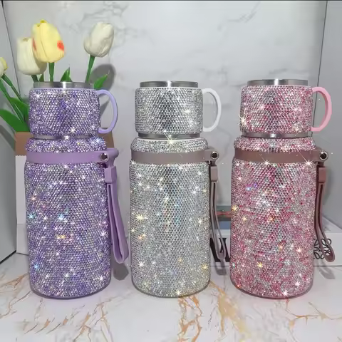 600ml Stainless Steel Thermos Portable Vacuum Flask Bling Diamond Thermo Bottle with Rope Insulated 