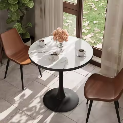 77cm Round Dining Table for 2-3 People Sintered Stone-top Stable Base Coffee Table Circle Kitchen Ta