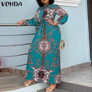 VONDA ผู้หญิงดอกไม้ Pirnt ชุดเดรสเชิ้ตยาวแขนยาวปาร์ตี้ชุดบวกขนาดแม็กซี่แบบลำลองที่สง่างาม (ขนาดบวก)