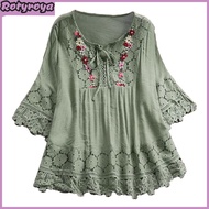 Women Shirt V-neck Lace-up Half Sleeve Pullover Tops Solid Color Loose Fit Embroidery Lace Flower Sp