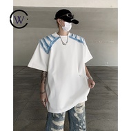 Dark Series High-Quality Denim Stitching Brushed Design Shoulder Pads Short-Sleeved T-Shirt DX1270P9