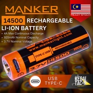 MANKER 14500 - 920mAh 4A 3.7V Type-C Rechargeable Li-ion Battery - ORIGINAL - Ready Stock in MALAYSI