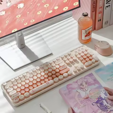 MOFII Sweet 2.4G Wireless Keyboard Mouse Combo, Cute Round Keycaps Orange for Girls, Compatible with