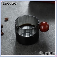 LUOYAO Milk Cup, Glass Vertical Grain Espresso Cup, Easy to Clean with Wood Handle Gray Multipurpose Measuring Cup Milk Espresso Shot