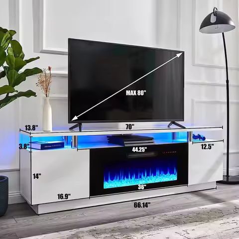 70in Fireplace TV Stand 36in Fireplace LED Lights 2-Tier Storage, Customized